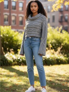 Gray Cowl Neck Cropped Cable Knit Sweater Size S